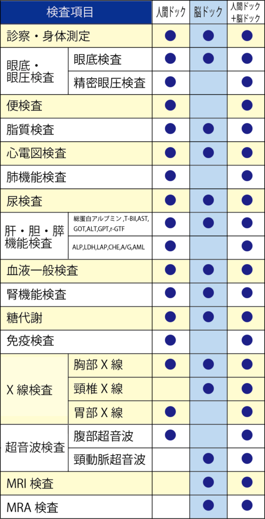 脳ドック検査項目表